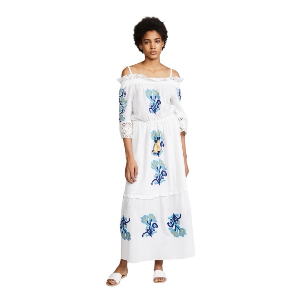 Figue Womens Heavily Embroidered Gauze Dress Size S Off The Shoulder Boho Maxi